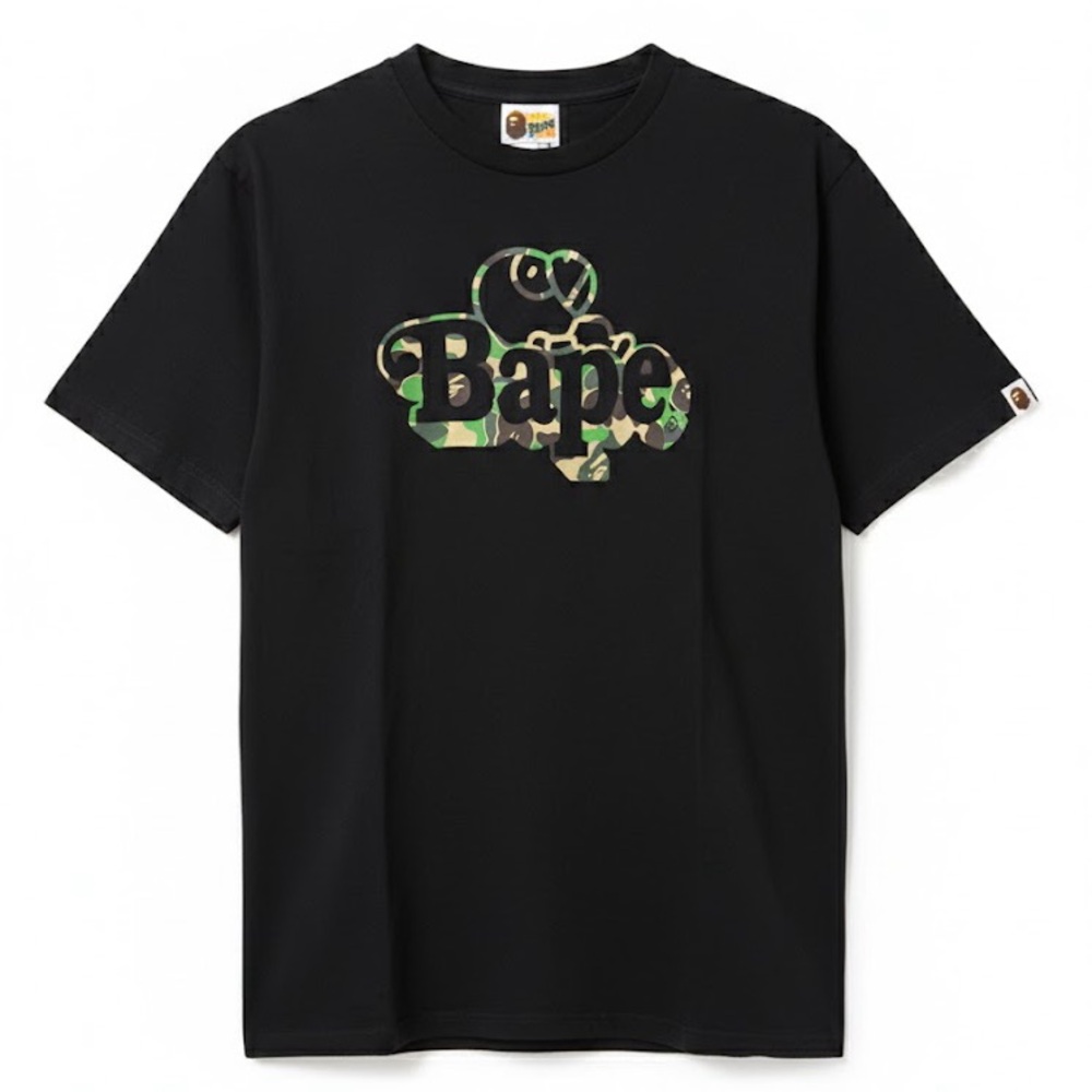 Bape Black Tee with Green Camouflage Logo